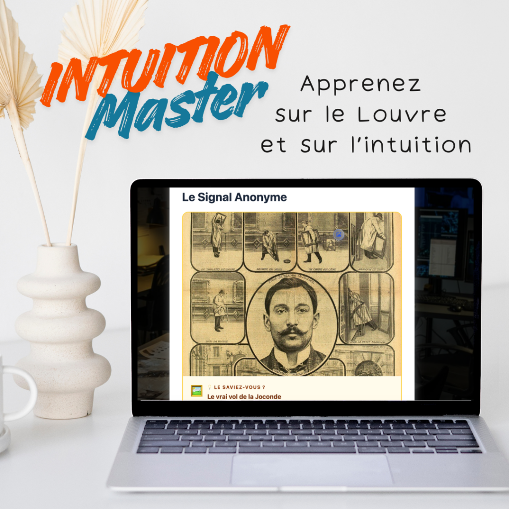 Publicité ordinateur portable Intuition Master 4 représentant une anecdote du Louvre